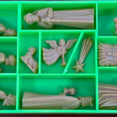 LOT 77: Stained Glass Rudolph, Holly Candle & Bell, Miniature Nativity Set, Wheaton Rudolph Bottle & More