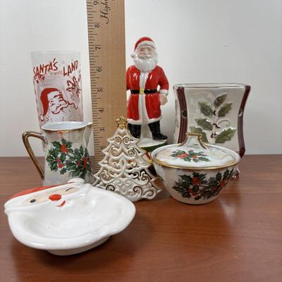LOT 79: Vintage Ucagco Japan Holly and Berries Lusterware Christmas Creamer & Sugar, Santa Face Ashtray, Lenox, Berman & Anderson...