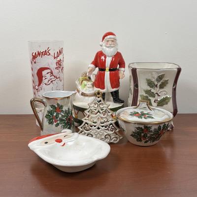 LOT 79: Vintage Ucagco Japan Holly and Berries Lusterware Christmas Creamer & Sugar, Santa Face Ashtray, Lenox, Berman & Anderson...