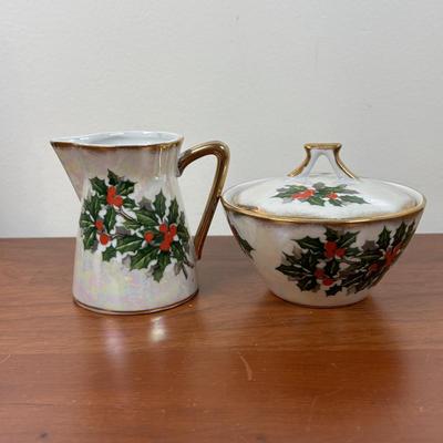 LOT 79: Vintage Ucagco Japan Holly and Berries Lusterware Christmas Creamer & Sugar, Santa Face Ashtray, Lenox, Berman & Anderson...