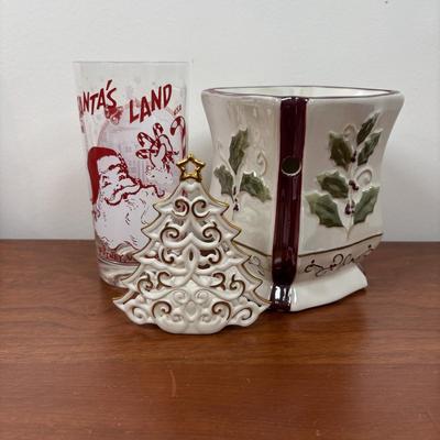 LOT 79: Vintage Ucagco Japan Holly and Berries Lusterware Christmas Creamer & Sugar, Santa Face Ashtray, Lenox, Berman & Anderson...