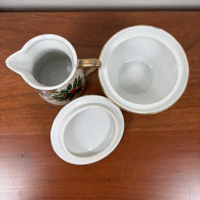LOT 79: Vintage Ucagco Japan Holly and Berries Lusterware Christmas Creamer & Sugar, Santa Face Ashtray, Lenox, Berman & Anderson...