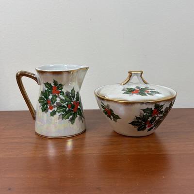 LOT 79: Vintage Ucagco Japan Holly and Berries Lusterware Christmas Creamer & Sugar, Santa Face Ashtray, Lenox, Berman & Anderson...