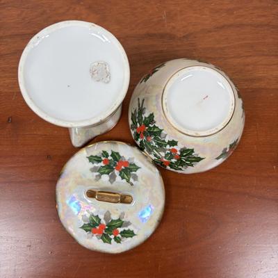 LOT 79: Vintage Ucagco Japan Holly and Berries Lusterware Christmas Creamer & Sugar, Santa Face Ashtray, Lenox, Berman & Anderson...