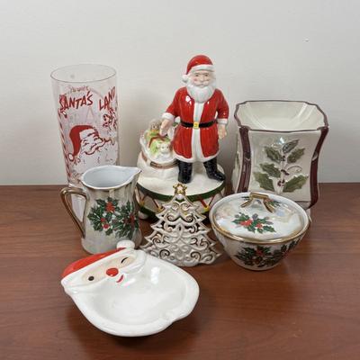 LOT 79: Vintage Ucagco Japan Holly and Berries Lusterware Christmas Creamer & Sugar, Santa Face Ashtray, Lenox, Berman & Anderson...