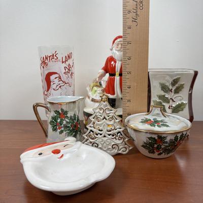 LOT 79: Vintage Ucagco Japan Holly and Berries Lusterware Christmas Creamer & Sugar, Santa Face Ashtray, Lenox, Berman & Anderson...