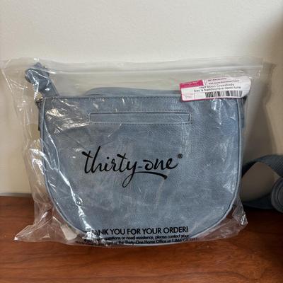 LOT 92: Thirty-One Cooler Backpack, Half-Moon Pebble Crossbody Purse & Jewell Rubie Terazzo Pebble Crossbody