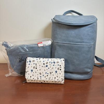 LOT 92: Thirty-One Cooler Backpack, Half-Moon Pebble Crossbody Purse & Jewell Rubie Terazzo Pebble Crossbody