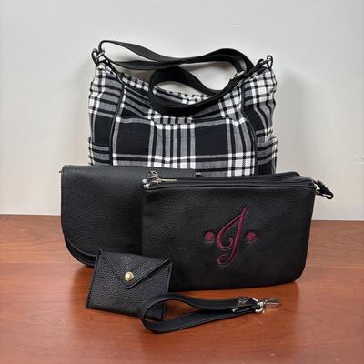 LOT 94: Thirty-One Casual Plaid Carry-All, Convertible Belt Bag, J Monogrammed Crossbody & Card Holder