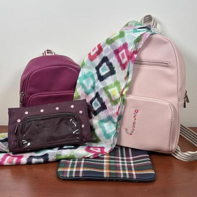 LOT 99: Thirty-One Fuchsia Backpack, Monogrammed Pink Backpack & Clutches