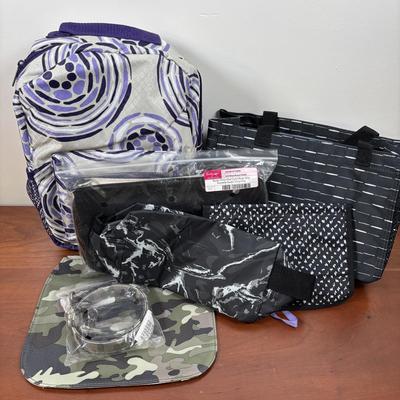 LOT 105: Thirty-One Lil' Go Geo Pop Purple Backpack, Black Beauty Pebble Clutch, Starlit Stripe Tote & More