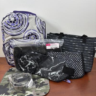 LOT 105: Thirty-One Lil' Go Geo Pop Purple Backpack, Black Beauty Pebble Clutch, Starlit Stripe Tote & More