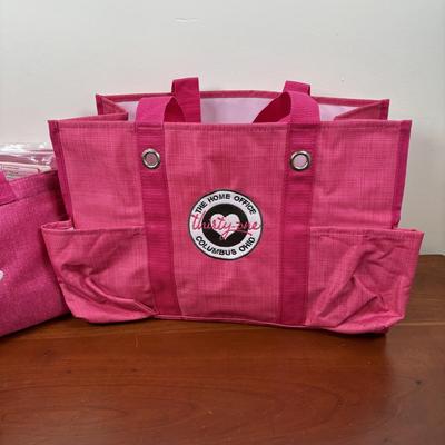 LOT 108: Thirty-One Monogrammed Utility Tote Bags, Cool Zip Snacker Bags & Signature Canvas Shine Bright Pillow Cover