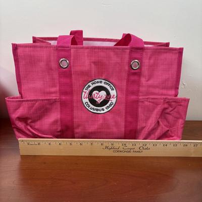 LOT 108: Thirty-One Monogrammed Utility Tote Bags, Cool Zip Snacker Bags & Signature Canvas Shine Bright Pillow Cover