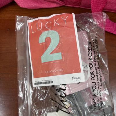 LOT 108: Thirty-One Monogrammed Utility Tote Bags, Cool Zip Snacker Bags & Signature Canvas Shine Bright Pillow Cover