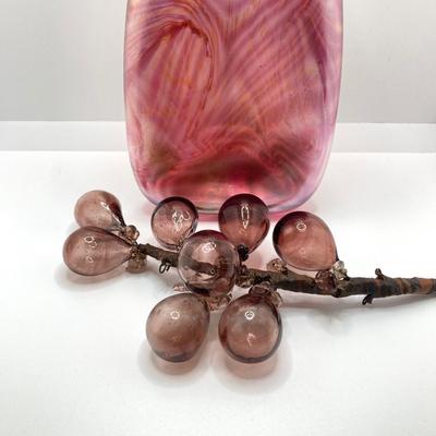 LOT 139: Vintage Wheaton Village Iridescent Art Glass Bottle (WV '04) and Glass Grapes