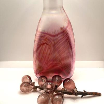 LOT 139: Vintage Wheaton Village Iridescent Art Glass Bottle (WV '04) and Glass Grapes
