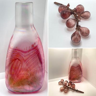 LOT 139: Vintage Wheaton Village Iridescent Art Glass Bottle (WV '04) and Glass Grapes