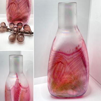 LOT 139: Vintage Wheaton Village Iridescent Art Glass Bottle (WV '04) and Glass Grapes