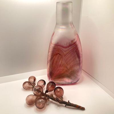 LOT 139: Vintage Wheaton Village Iridescent Art Glass Bottle (WV '04) and Glass Grapes