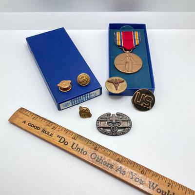 LOT 140: Vintage Military Collection - Zippo Lighter, Toy Soldier, Medal / Ribbons, Watch and Pins