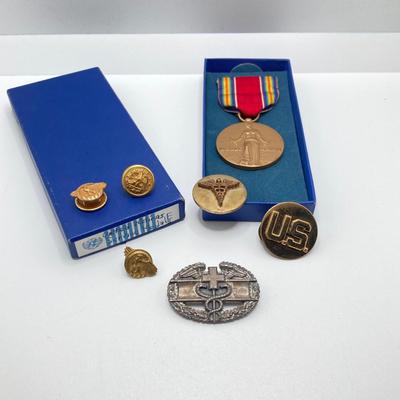 LOT 140: Vintage Military Collection - Zippo Lighter, Toy Soldier, Medal / Ribbons, Watch and Pins