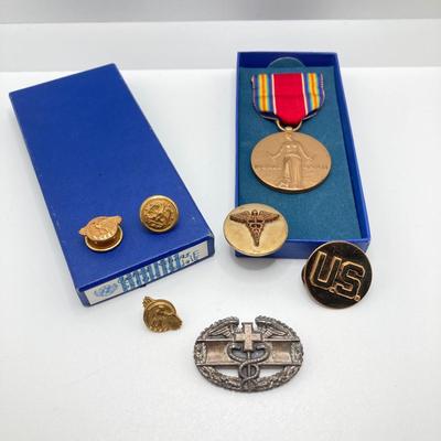 LOT 140: Vintage Military Collection - Zippo Lighter, Toy Soldier, Medal / Ribbons, Watch and Pins
