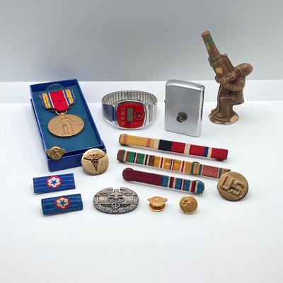 LOT 140: Vintage Military Collection - Zippo Lighter, Toy Soldier, Medal / Ribbons, Watch and Pins