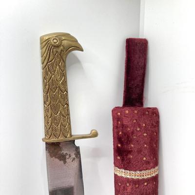 LOT 141: Vintage Brass Handle Eagle Dagger / Knife with Decorated Sheath / Scabbard
