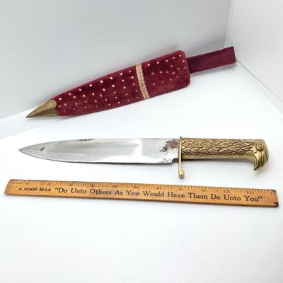 LOT 141: Vintage Brass Handle Eagle Dagger / Knife with Decorated Sheath / Scabbard