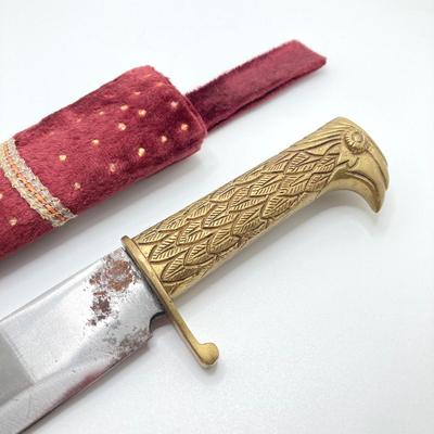 LOT 141: Vintage Brass Handle Eagle Dagger / Knife with Decorated Sheath / Scabbard