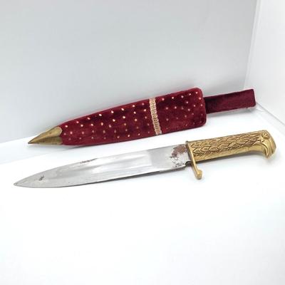 LOT 141: Vintage Brass Handle Eagle Dagger / Knife with Decorated Sheath / Scabbard
