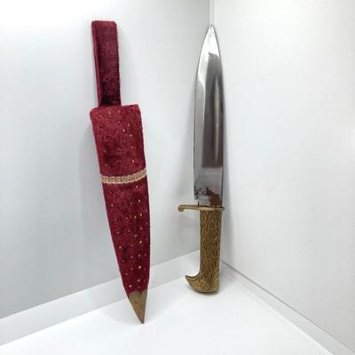 LOT 141: Vintage Brass Handle Eagle Dagger / Knife with Decorated Sheath / Scabbard