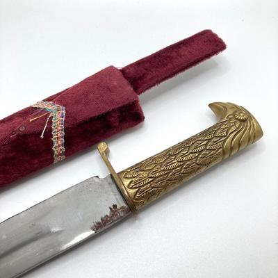 LOT 141: Vintage Brass Handle Eagle Dagger / Knife with Decorated Sheath / Scabbard