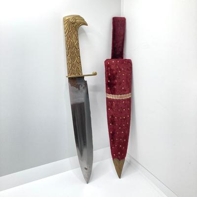 LOT 141: Vintage Brass Handle Eagle Dagger / Knife with Decorated Sheath / Scabbard