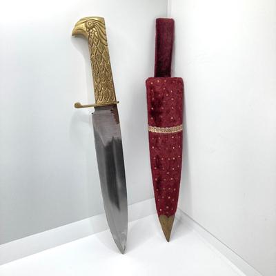 LOT 141: Vintage Brass Handle Eagle Dagger / Knife with Decorated Sheath / Scabbard