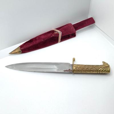LOT 141: Vintage Brass Handle Eagle Dagger / Knife with Decorated Sheath / Scabbard