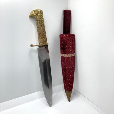 LOT 141: Vintage Brass Handle Eagle Dagger / Knife with Decorated Sheath / Scabbard