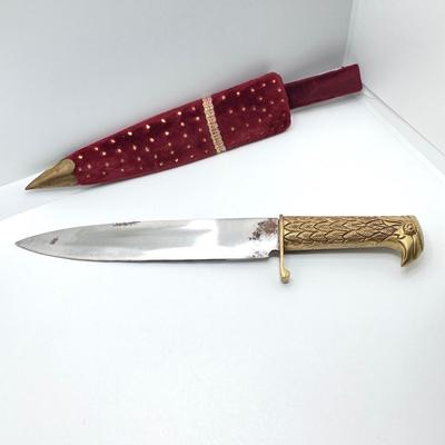 LOT 141: Vintage Brass Handle Eagle Dagger / Knife with Decorated Sheath / Scabbard