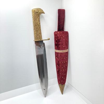 LOT 141: Vintage Brass Handle Eagle Dagger / Knife with Decorated Sheath / Scabbard