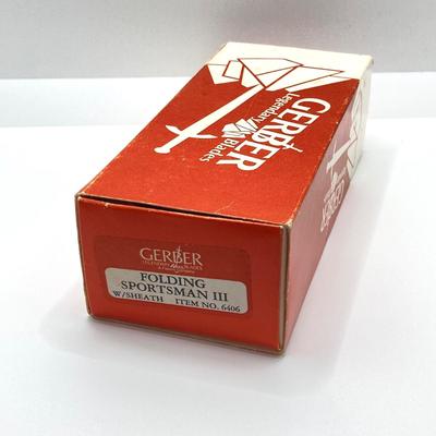 LOT 142: Vintage Gerber Folding Sportsman III Knife with Sheath Item No. 6406 Portland OR in Original Box (New Old Stock)