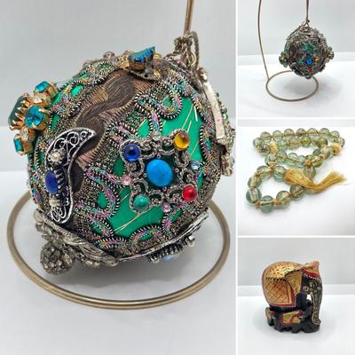 LOT 143: Vintage Decorative Collection - Handmade Ornament, Painted Large Glass Beads and Carved Elephant