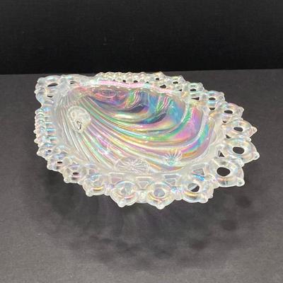 LOT 144: Classic Art Glass Collection - Tiffany Candlestick Holder and Fenton Iridescent Trinket Holder