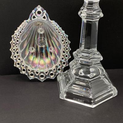 LOT 144: Classic Art Glass Collection - Tiffany Candlestick Holder and Fenton Iridescent Trinket Holder