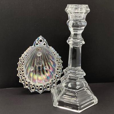 LOT 144: Classic Art Glass Collection - Tiffany Candlestick Holder and Fenton Iridescent Trinket Holder