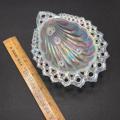 LOT 144: Classic Art Glass Collection - Tiffany Candlestick Holder and Fenton Iridescent Trinket Holder