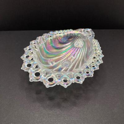 LOT 144: Classic Art Glass Collection - Tiffany Candlestick Holder and Fenton Iridescent Trinket Holder