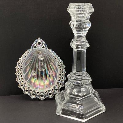 LOT 144: Classic Art Glass Collection - Tiffany Candlestick Holder and Fenton Iridescent Trinket Holder