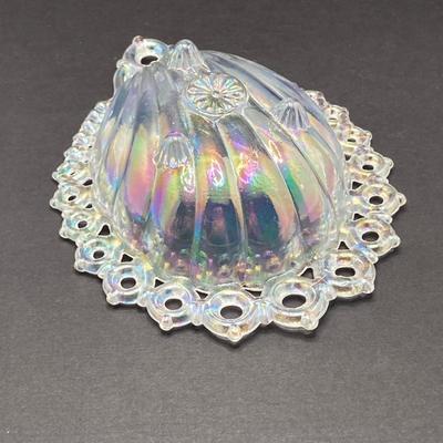 LOT 144: Classic Art Glass Collection - Tiffany Candlestick Holder and Fenton Iridescent Trinket Holder