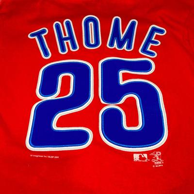 LOT 146: Vintage Philadelphia Phillies Collection - Youth Tackle Twill Jim Thome #25 T-Shirt, Crocheted Phanatic, Italian Baseball Cap,...